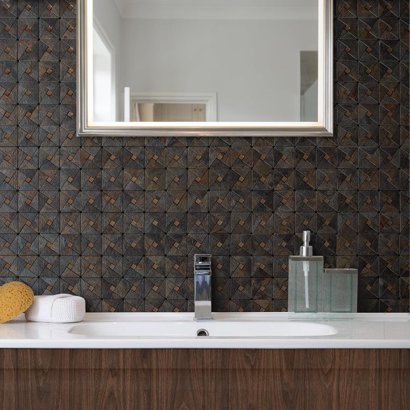 DICOFUN 1 Sheet Rustic Slate Look Peel and Stick Backsplash Tile, Mixed Glass Self-Adhesive Mosaic Tiles, Stainless Steel Stick on Wall Tiles for Kitchen and Bathroom Backspalsh, Mirror Decor - Image 4